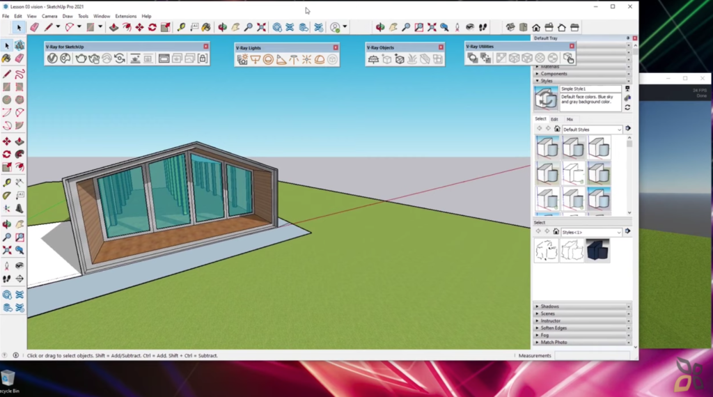 l'immagine rappresenta un esempio di render interattivo in tempo reale, viene rappresentata una casa, su un prato verde creato grazie al rendering 