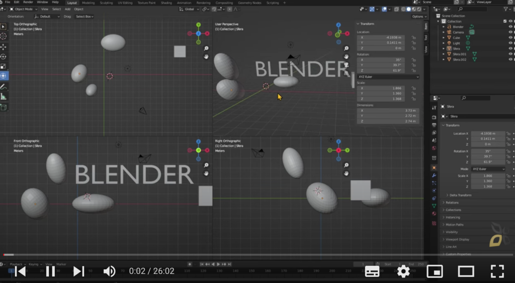 vengono rappresentati oggetti di varie dimensioni e la scritta "blender" per creare una scena 