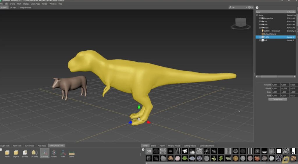L'immagine rappresenta la creazione di un modello 3D di un dinosauro di colore giallo 