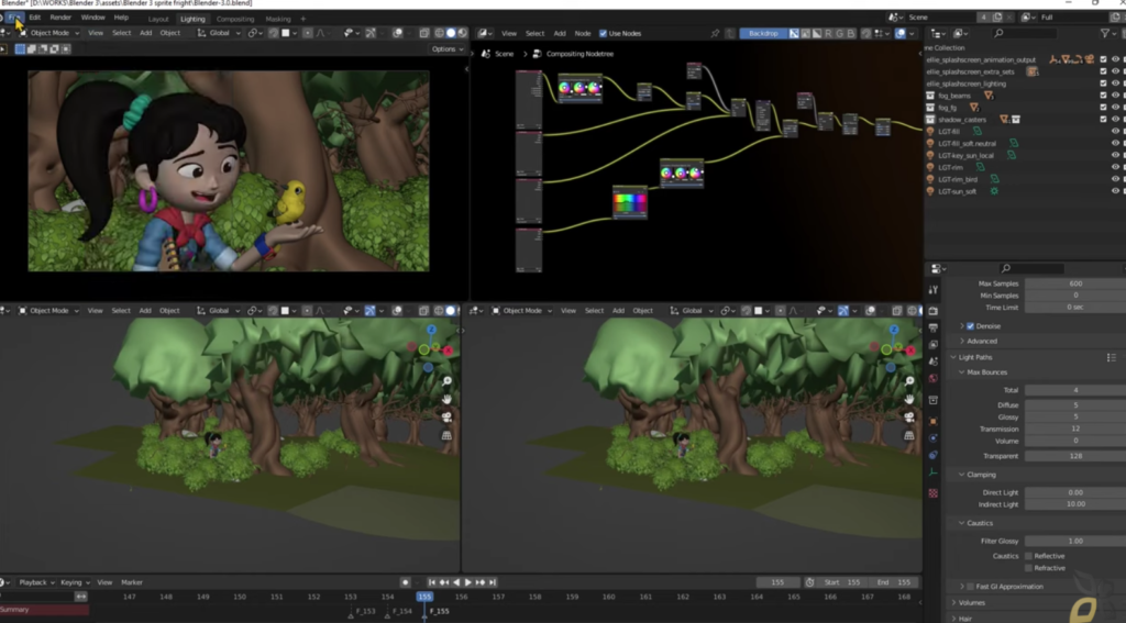 l'immagine rappresenta una bambina con degli alberi verdi, sono gli oggetti di scena creati e importati dal programma