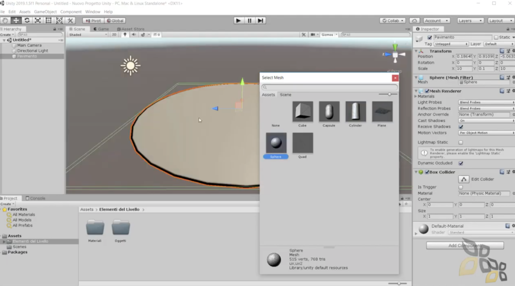 l'immagine rappresenta la creazione di asset e oggetti con l'utilizzo del software unity 