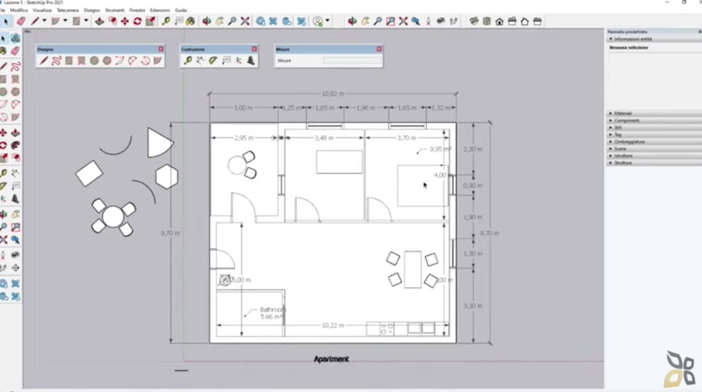 rappresentazione di un'impostazione di un progetto su sketchup pro 