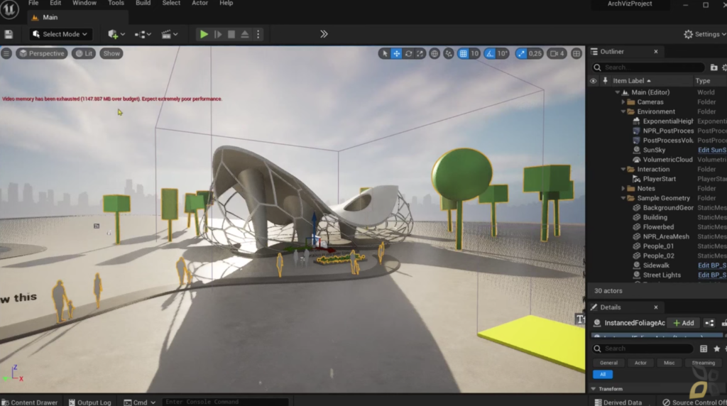 l'immagine rappresenta la gestione di materiali e la creazione di oggetti tramite Unreal Engine 5, viene raffigurata una casa moderna circondata da alberi