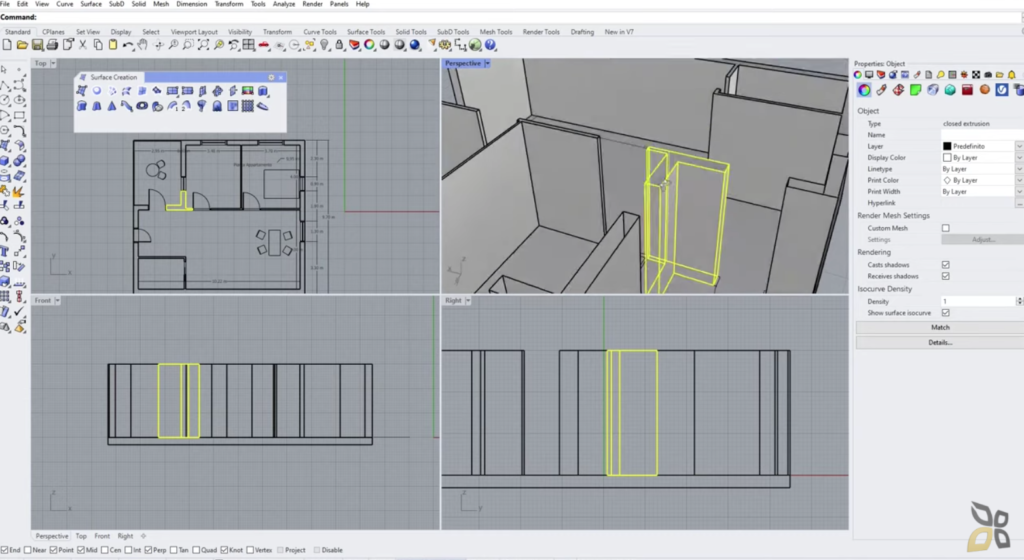 l'immagine rappresenta la creazione di superfici nurbs utilizzando linee nere e gialle