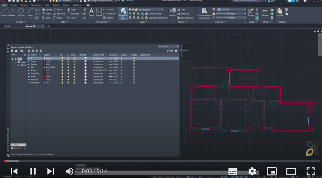 l'immagine rappresenta la gestione di un progetto con autocad con livelli e blocchi 