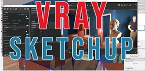 l'immagine rappresenta la copertina del corso Vray for Sketchup, la scritta del corso è centrale di colore rosso e azzurro. 