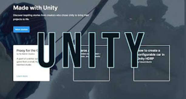 l'immagine rappresenta la copertina del corso Unity, prevale il colore grigio scuro e la scritta del corso è posta al centro tridimensionale nera con i bordi celeste chiaro 